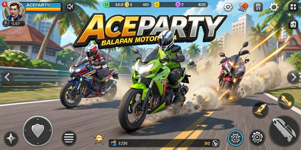 Tangkapan layar menunjukkan aksi balapan motor yang mendebarkan di ACEPARTY.