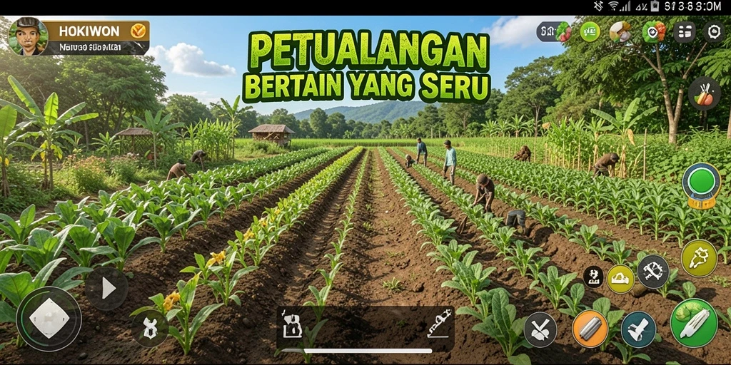 Tampilan gameplay HOKIWON dengan suasana bertani yang menyenangkan.