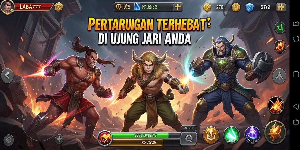 Tampilan utama LABA777 menunjukkan pertarungan epik dalam arena yang menakjubkan.