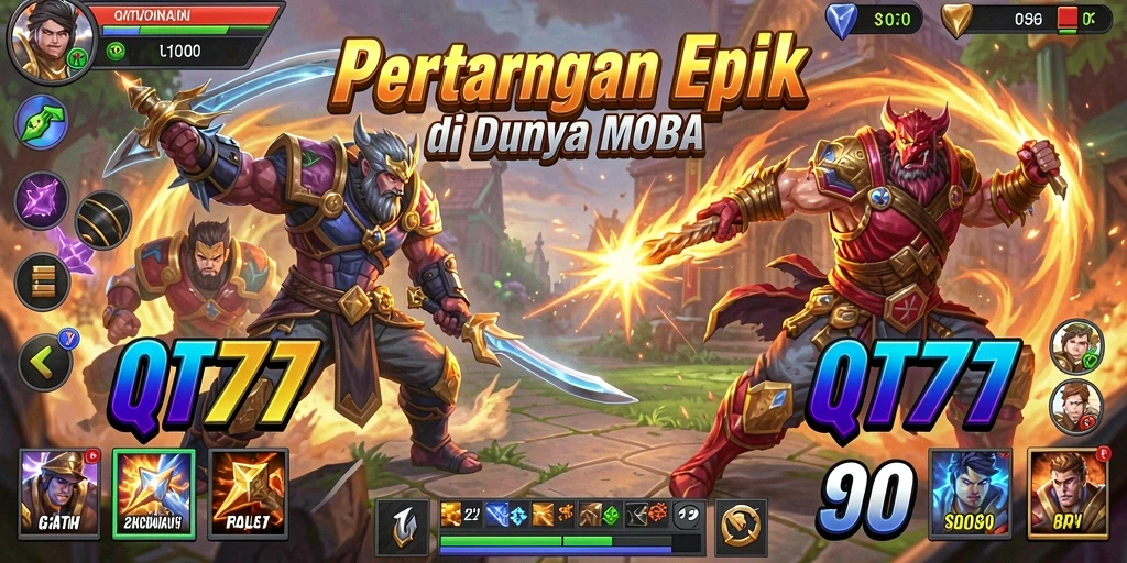 Screenshot gameplay QT777 menampilkan aksi pertarungan MOBA yang intens.