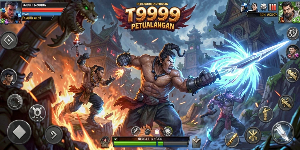 Screenshot gameplay T9999 menampilkan pertarungan seru yang intens.