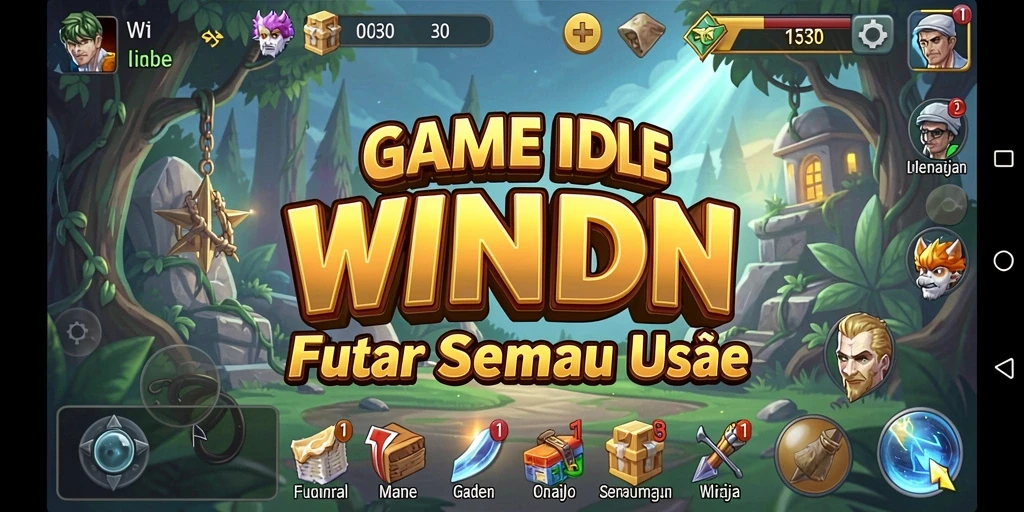 Screenshot gameplay WINIDN menunjukkan karakter mengumpulkan sumber daya dengan otomatis.