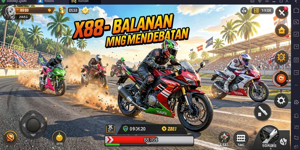 Screenshot X88 menampilkan aksi balapan motor yang intens dan mendebarkan.
